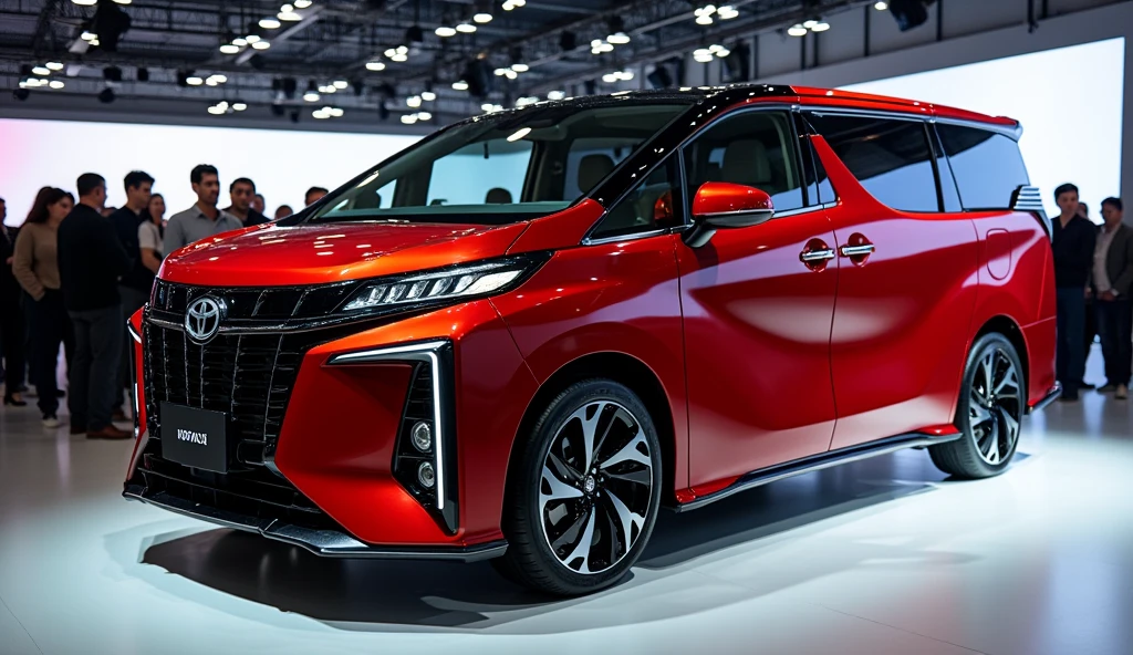 a luxury RED Toyota Hiace MPV Van mixed with tesla, electric car, futuristic full LED design, in a showroom with a lots people