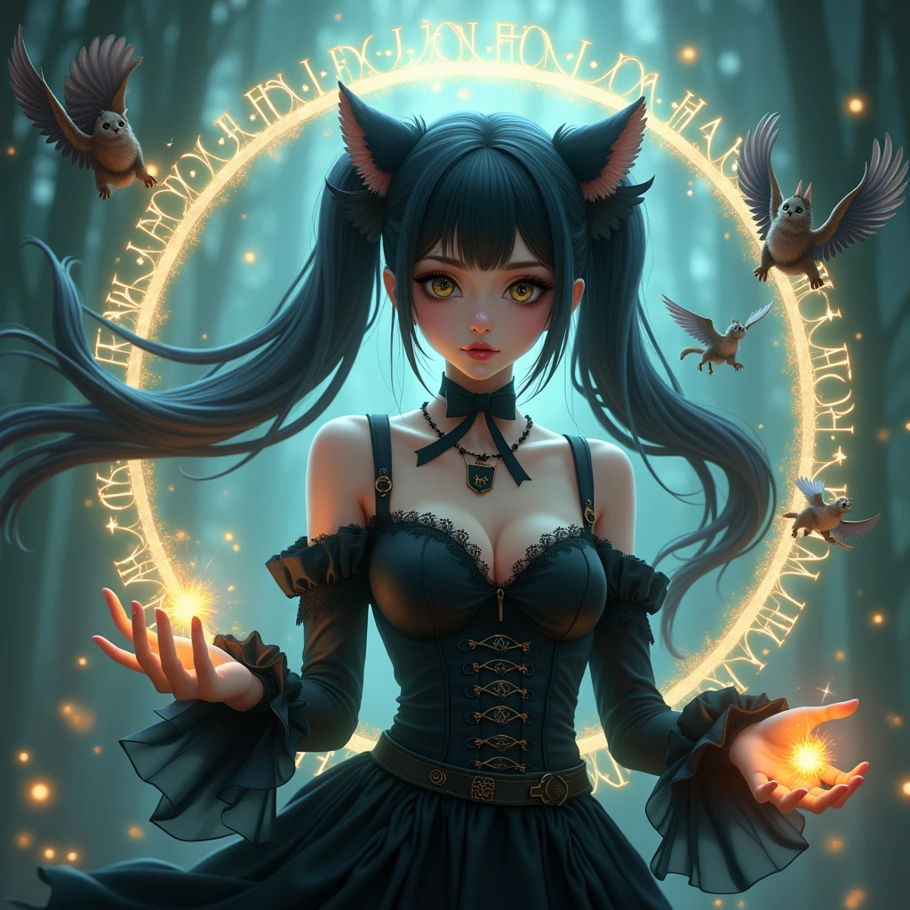 a young gothic ta witch with high exposure and sensual fashion, huge breasts, long black twin tails, beautiful eyes, enigmatic smile, summoning a small and cute 4-legged griffons from a magic circle, several tiny griffons appear and fly around the girl