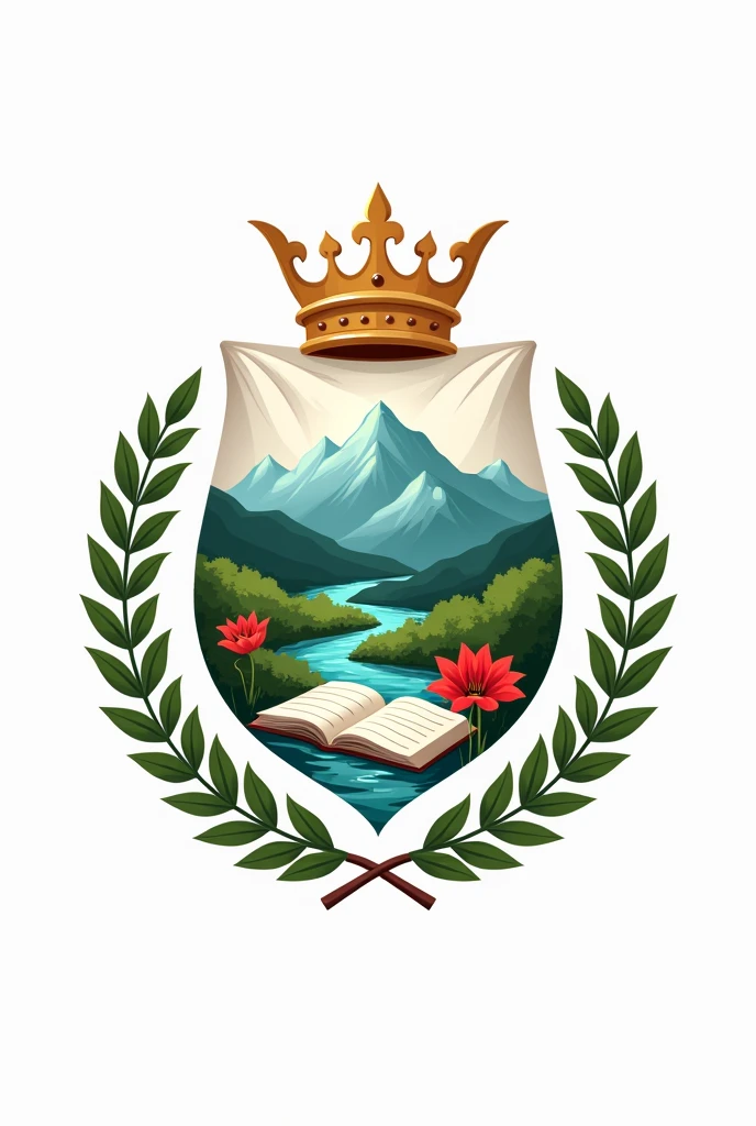 Create a school logo that has a crown on top and laurel leaves on the sides and in the middle a scroll with mountains and a river, a red flower and a notebook on one side