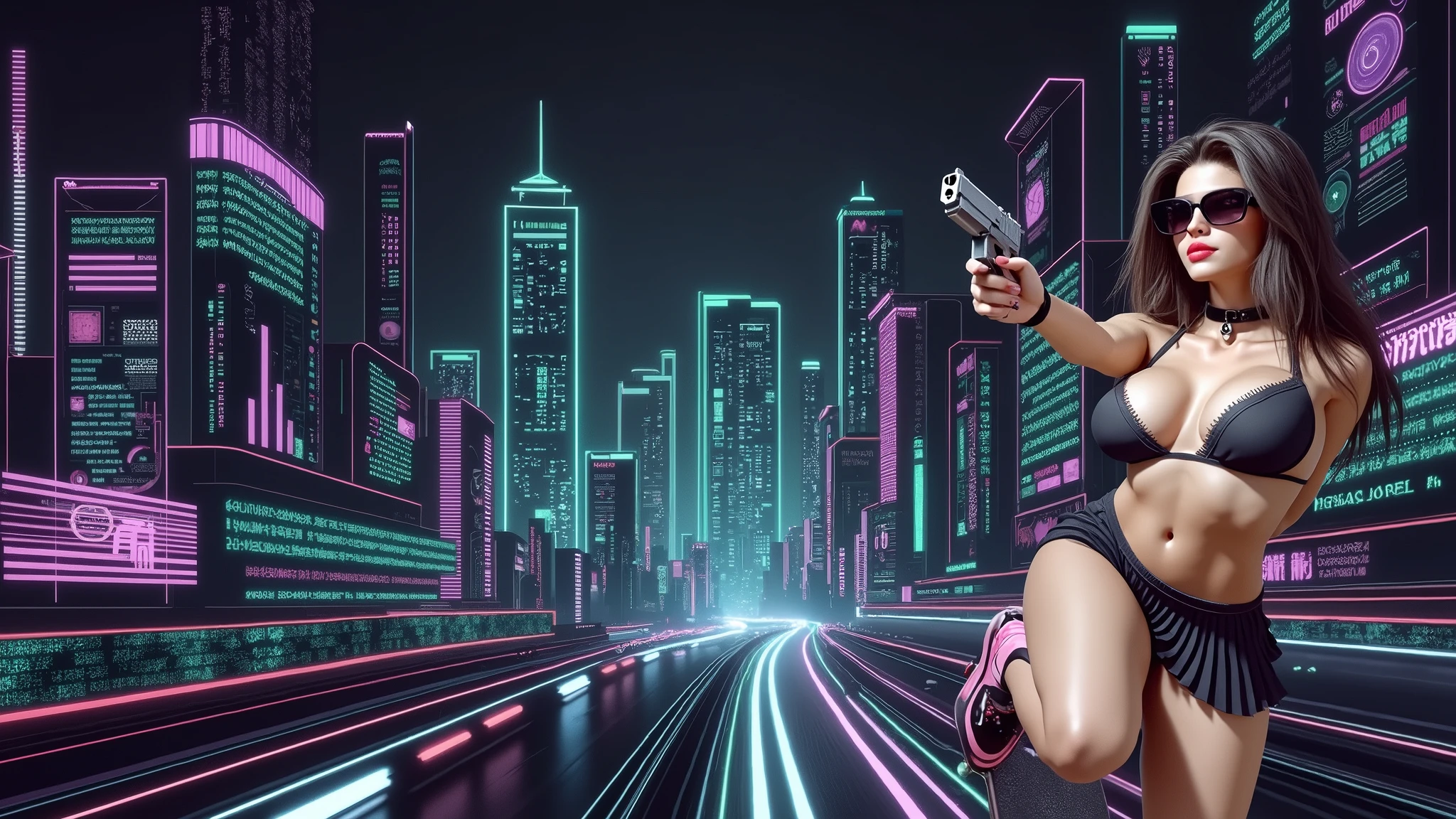 Matrix inspired futuristic cityscapes with colorful all-glass outlined towering skyscrapers with lightning, flying vehicle. High-resolution OLED GUI interfaces in the building, The windows are filled with transparent data visualization infographics that show it all, very close-up green glowing cascading code. Colors are saturated and vibrant. At night, (1 female assassin crouching on a skateboard, solo, alone), photorealistic, large-breast slim:0.6 body, oval:0.5 face, black mini bra, cleavage:1.1, deep-v, very low angle view of black pleated miniskirt, white panty, (upskirt), glove, (Matrix style black micro sunglasses), (aiming viewer with a short gun), dynamic skateboard jumping pose, (full-body thigh level close-up:2.0 shot), cinematic lighting, ray tracing, motion blur background.