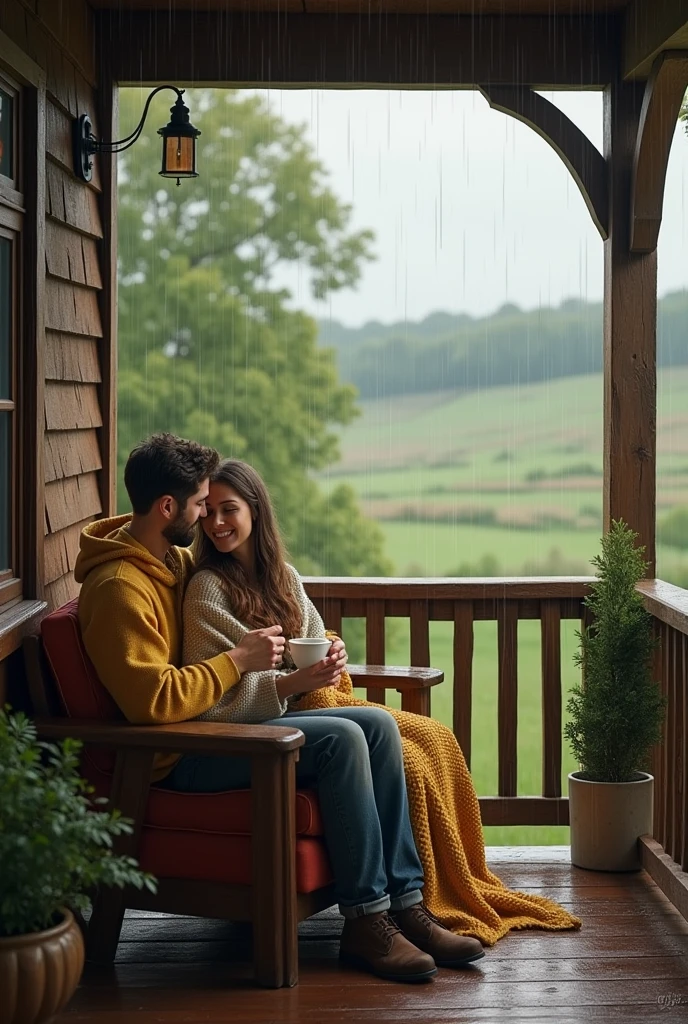 A happy couple, watching the rain, sitting on the porch of a house on the farm drinking coffee. They use a blanket while sitting on a sofa.
