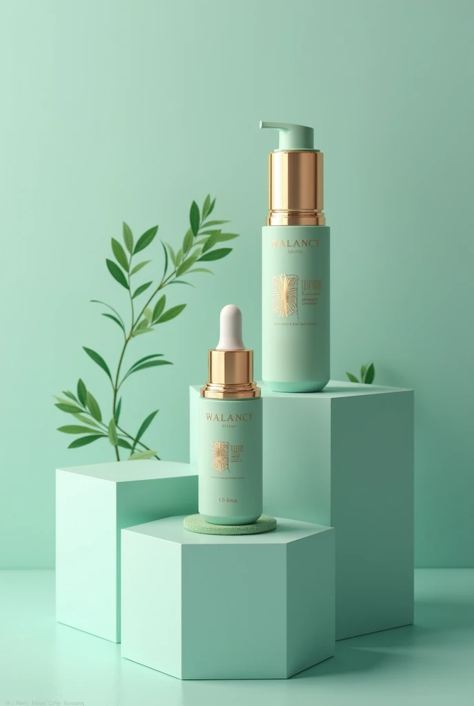 create a visual identity for a makeup brand, chamada walancy, in the colors aqua green and gold