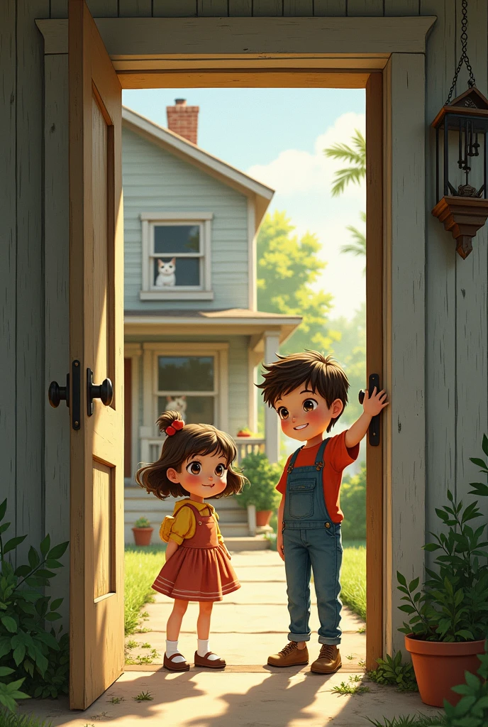 Generates two children who open the door of their house