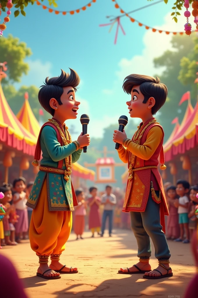 In cinematic 3d cartoon style " A lively village festival with villagers gathered around a stage. Rahul, dressed in traditional attire, is singing passionately into a microphone, while Amit, in the background, is showcasing his artwork on an easel. Both are receiving applause from an appreciative audience."