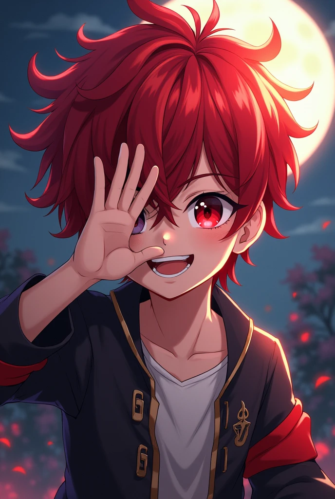 red hair, red eyes, anime, child, handsome, strong, , short hair, night, smiling, covering his face