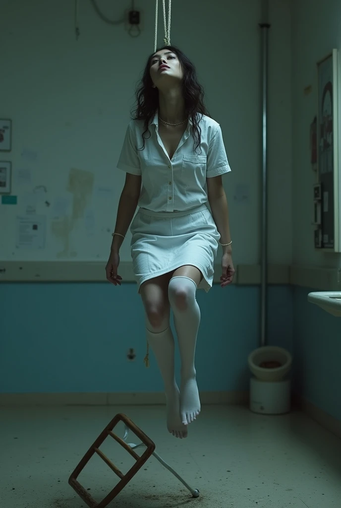 Nurse scene in white thigh high socks, hanged, thòng lọng, hovering in the air , The chair fell at the nurse's feet.