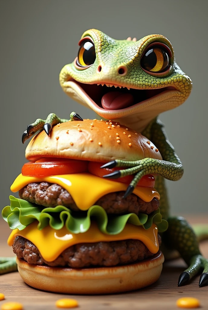 A realistic AI lizard smiling and hugging a burger with plenty of cheddar cheese and the Calango's logo