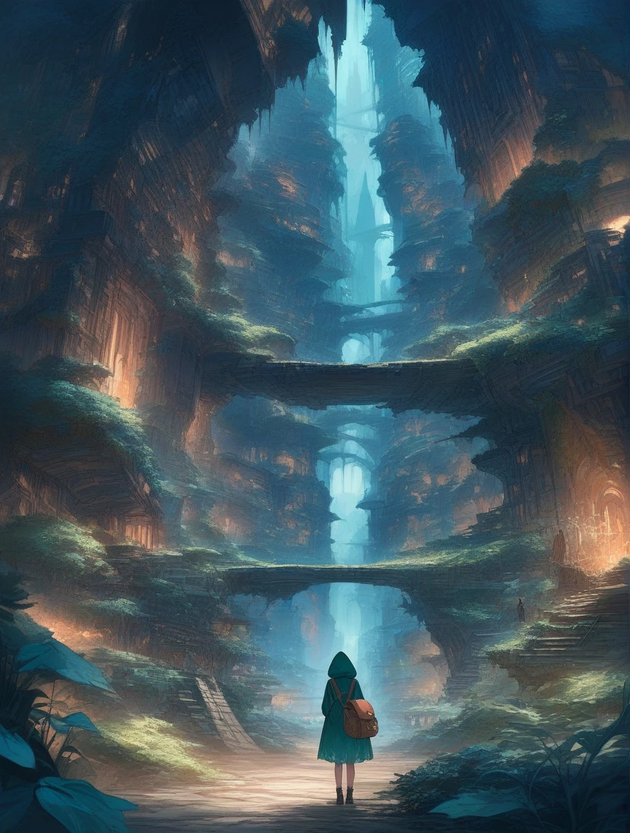score_9, score_8_up, score_7_up, score_アニメ, masterpiece, best quality, delicate illustration, sharp line, sharp focus, BREAK,Traveler girl wandering in the ruins of endless night, the girl is wearing a hood, a lot of baggage in her backpack., night、City of the Future、Fantastic landscape、Beautiful Landscape、Harmony with Nature、Spectacular views、Machine City