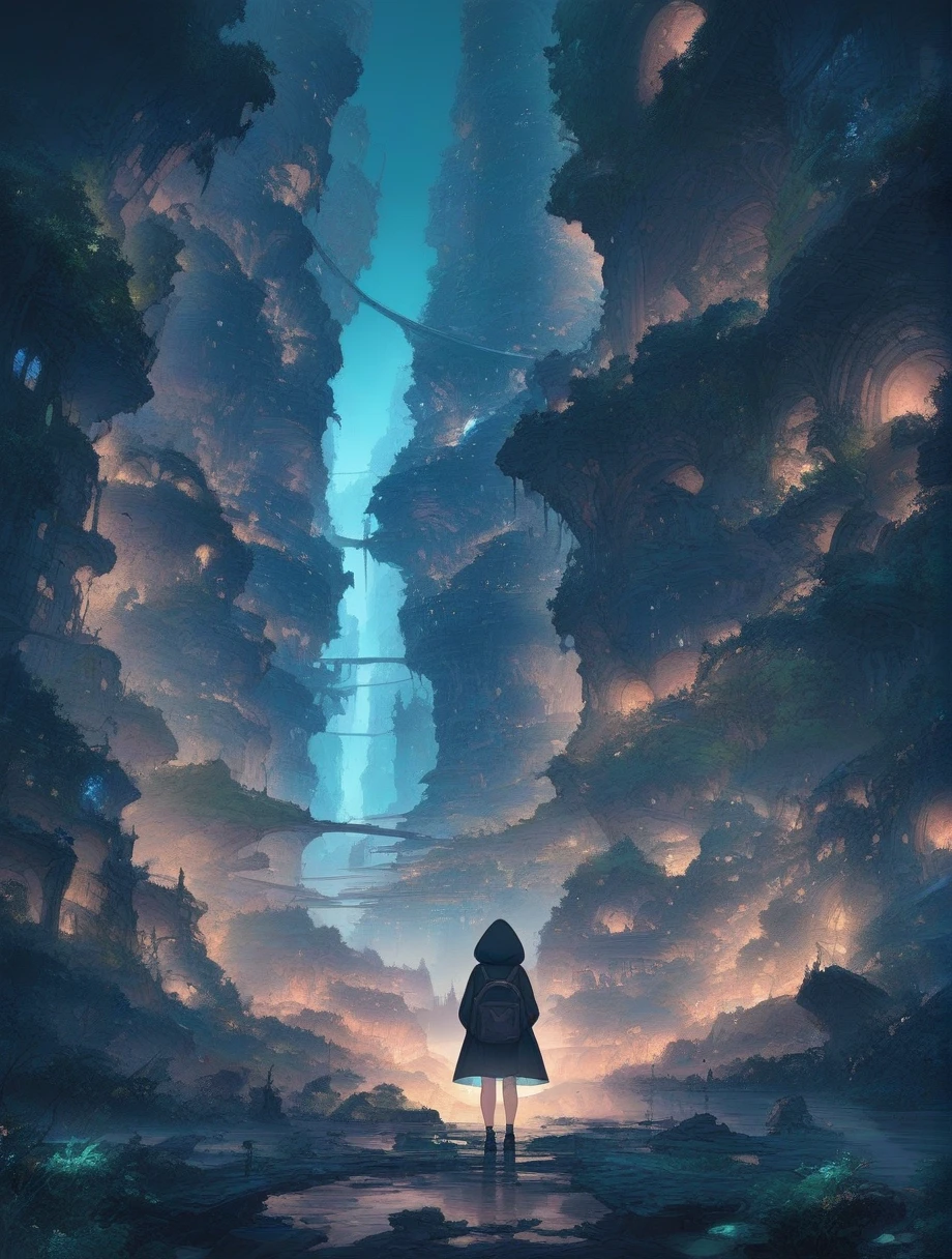 score_9, score_8_up, score_7_up, score_アニメ, masterpiece, best quality, delicate illustration, sharp line, sharp focus, BREAK,Traveler girl wandering in the ruins of endless night, the girl is wearing a hood, a lot of baggage in her backpack., night、City of the Future、Fantastic landscape、Beautiful Landscape、Harmony with Nature、Spectacular views、Machine City