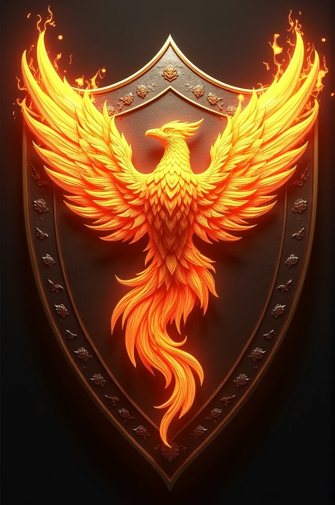 Football shield with a phoenix in the middle and fire around it