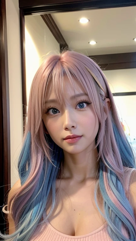 Ai Hoshino, beige pink hair, Blue Hair,Long Hair, favorite , beautiful, Shining Eyes, stars are reflected in my eyes, Idol, 2By people, 2 girls, Long pink hair