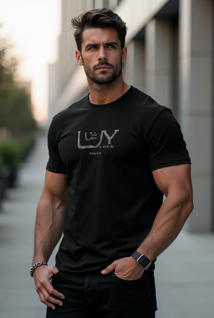 a man standing with a black t-shirt mockup