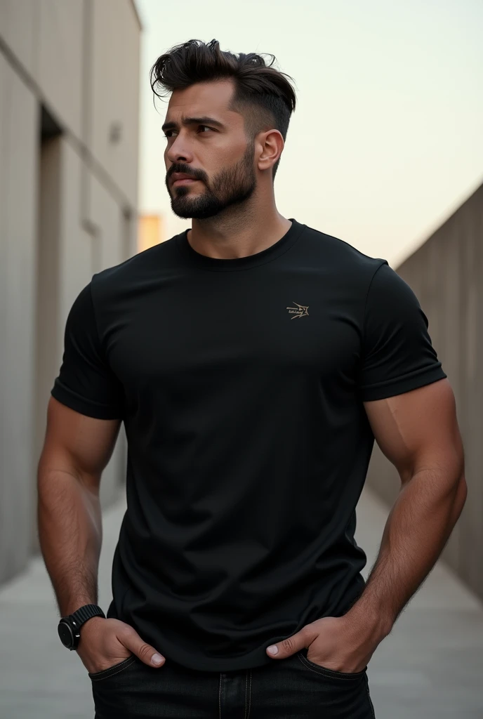 a man standing with a black t-shirt mockup
