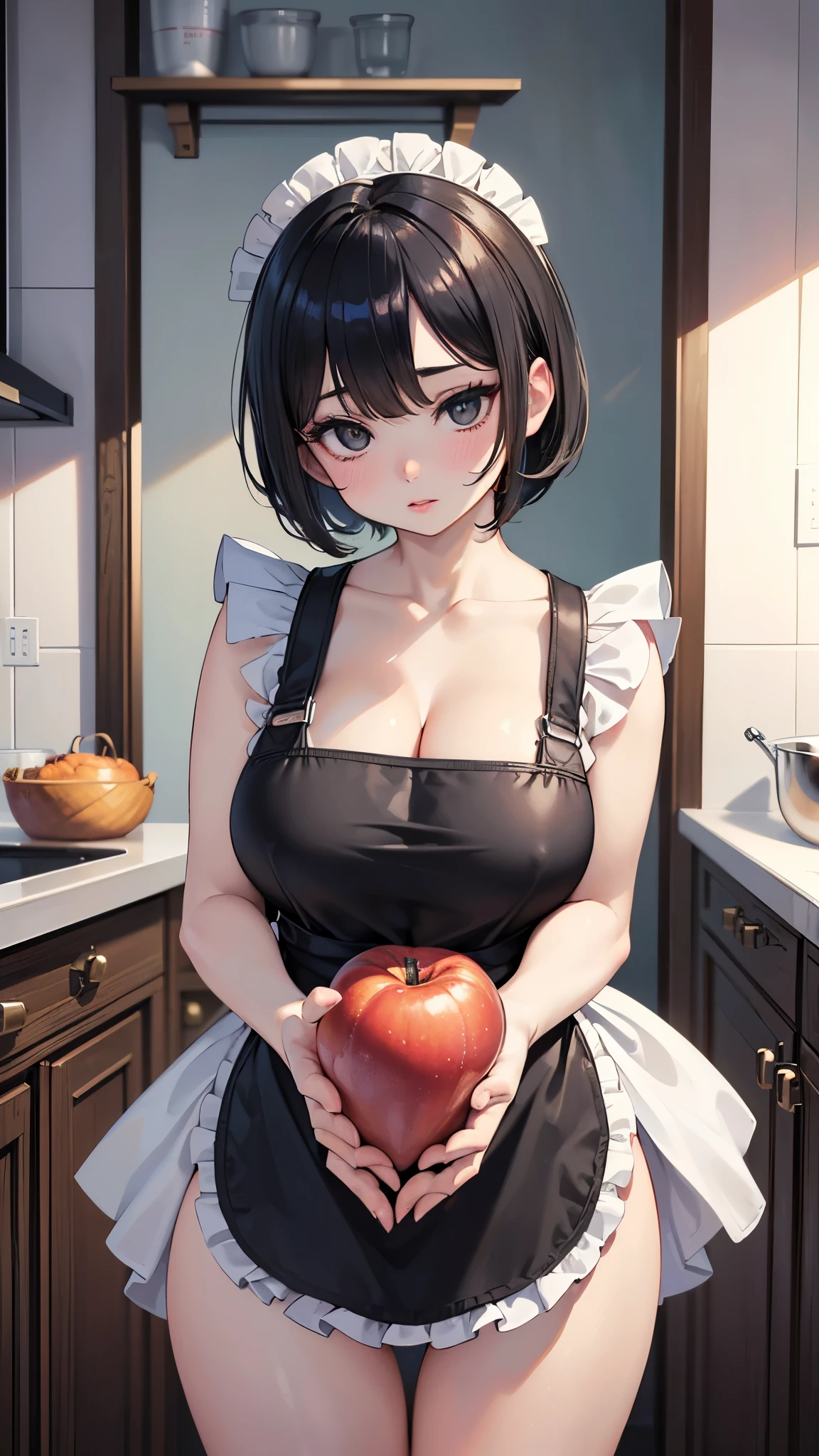 (masterpiece, 最high quality, 超High resolution, Very detailed), (Realistic:1.1, photoRealistic:1.4), Perfect illustration, Perfect lighting,Perfectly detailed hair, Perfect and exquisite face, Perfect collarbone, Perfect body,Juicy breasts, Perfect Thighs, Beautiful legs, View your audience, 1 person,Perfect Face, (Perfect Anatomy, Anatomically correct), Symmetrical face、((Shiny Hair)),Sexy Body、(masterpiece),(最high quality:1.3),8k,Very clear,(Ultra-realistic),Captivating woman,(high quality, High resolution, The finer details), Realisticなスタイルの女性,Juicy breasts、Perfect Woman、Perfect Face、Symmetrical face、、((Big breasts))、Cleavage、blush、((Juicy lips))、(((Short black hair)))、((Large, double-set black eyes、Long eyelashes))、(Red Makeup)、(((Naked Apron)))、(((Short apron)))、(Healthy and well-developed body)、((Big tits jk))、(kitchen)