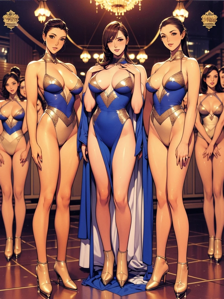 Full body picture:(masterpiece:1.2, best quality),(Very detailed),8K,wallpapeve women standing in a row,Full body picture,All wearing pantyhose,Figure skater,Tall figure,Long legs,muscular,((Gold Metal Squadron))