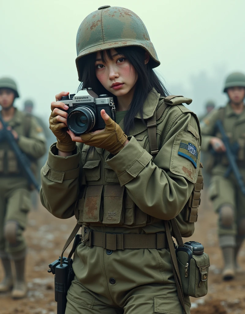 Photo-realistic, ultra-realistic, (very beautiful Japanese, famous Japanese idol:1.3), Fully equipped for battle, (painful impressions, crying:1.3), (wearing an army soldier's Camouflage outfits with military helmet:1.5), (at a battle field), very large breasts, (tactical vest, military harness:1.3), (military long boots:1), dynamic angle, spectacular, (muddied, damaged wears, damaged body:1.3), (Army archivist photographer), (She is holding up the camera and taking spectacular pictures with classical Hasselblad camera:1.3), 