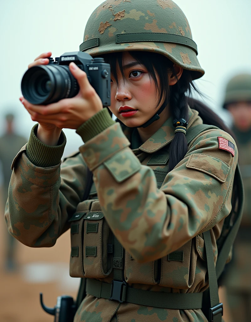 Photo-realistic, ultra-realistic, (very beautiful Japanese, famous Japanese idol:1.3), Fully equipped for battle, (painful impressions, crying:1.3), (wearing an army soldier's Camouflage outfits with military helmet:1.5), (at a battle field), very large breasts, (tactical vest, military harness:1.3), (military long boots:1), dynamic angle, spectacular, (muddied, damaged wears, damaged body:1.3), (Army archivist photographer), (She is holding up the camera and taking spectacular pictures with classical Hasselblad camera:1.3), 
