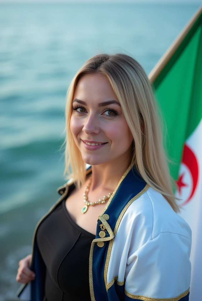 Close up, blonde woman, slightly plump, wearing a black, white, blue dress, with gold trim on her jacket, holding the white and green Algerian flag, looking directly at the camera, she is standing on the blue seashore