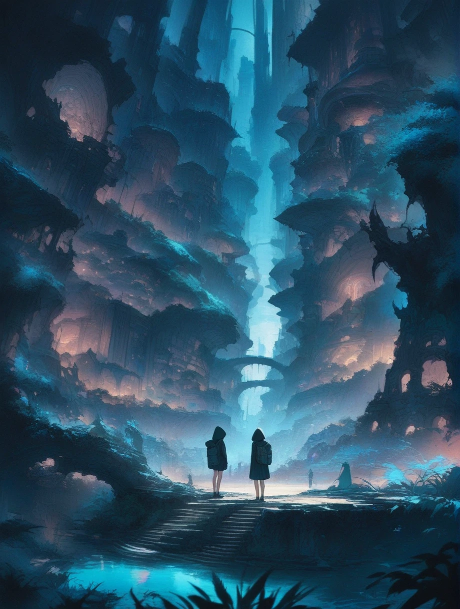 score_9, score_8_up, score_7_up, score_アニメ, masterpiece, best quality, delicate illustration, sharp line, sharp focus, BREAK,Traveler girl wandering in the ruins of endless night, the girl is wearing a hood, a lot of baggage in her backpack., night、City of the Future、Fantastic landscape、Beautiful Landscape、Harmony with Nature、Spectacular views、Machine City
