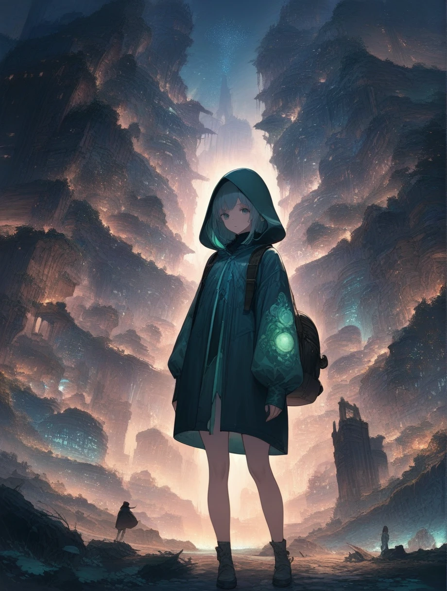 score_9, score_8_up, score_7_up, score_アニメ, masterpiece, best quality, delicate illustration, sharp line, sharp focus, BREAK,Traveler girl wandering in the ruins of endless night, the girl is wearing a hood, a lot of baggage in her backpack., night、City of the Future、Fantastic landscape、Beautiful Landscape、Harmony with Nature、Spectacular views、Machine City