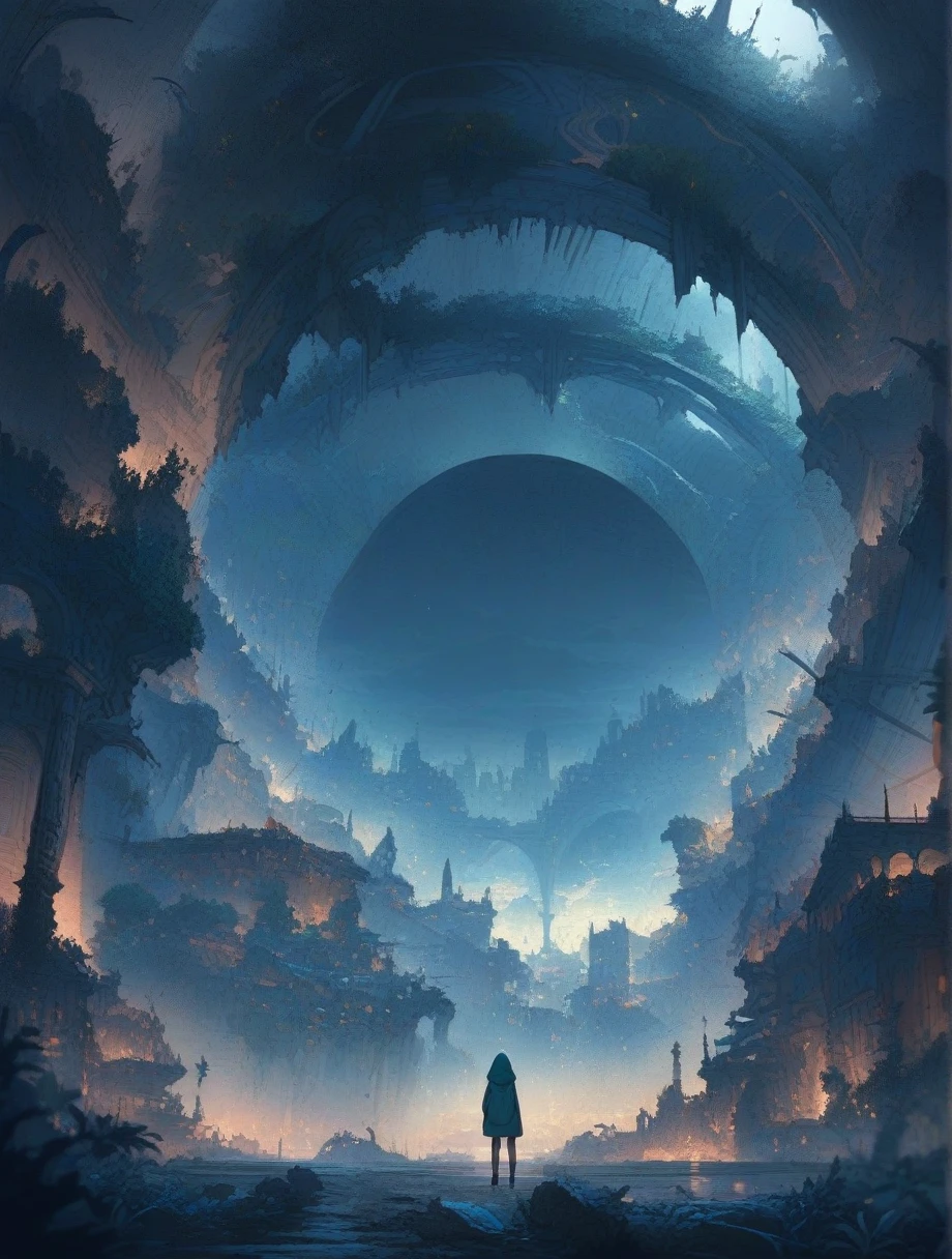 score_9, score_8_up, score_7_up, score_アニメ, masterpiece, best quality, delicate illustration, sharp line, sharp focus, BREAK,Traveler girl wandering in the ruins of endless night, the girl is wearing a hood, a lot of baggage in her backpack., night、City of the Future、Fantastic landscape、Beautiful Landscape、Harmony with Nature、Spectacular views、Machine City