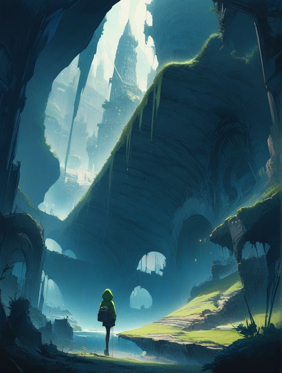score_9, score_8_up, score_7_up, score_アニメ, masterpiece, best quality, delicate illustration, sharp line, sharp focus, BREAK,Traveler girl wandering in the ruins of endless night, the girl is wearing a hood, a lot of baggage in her backpack., night、City of the Future、Fantastic landscape、Beautiful Landscape、Harmony with Nature、Spectacular views、Machine City