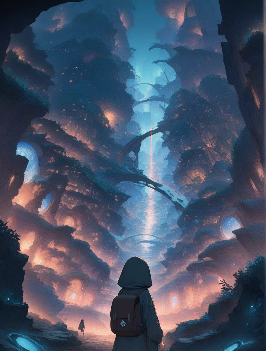 score_9, score_8_up, score_7_up, score_アニメ, masterpiece, best quality, delicate illustration, sharp line, sharp focus, BREAK,Traveler girl wandering in the ruins of endless night, the girl is wearing a hood, a lot of baggage in her backpack., night、City of the Future、Fantastic landscape、Beautiful Landscape、Harmony with Nature、Spectacular views、Machine City