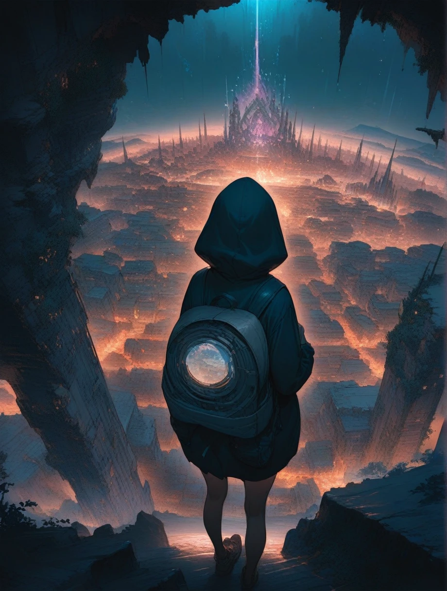 score_9, score_8_up, score_7_up, score_アニメ, masterpiece, best quality, delicate illustration, sharp line, sharp focus, BREAK,Traveler girl wandering in the ruins of endless night, the girl is wearing a hood, a lot of baggage in her backpack., night、City of the Future、Fantastic landscape、Beautiful Landscape、Harmony with Nature、Spectacular views、Machine City
