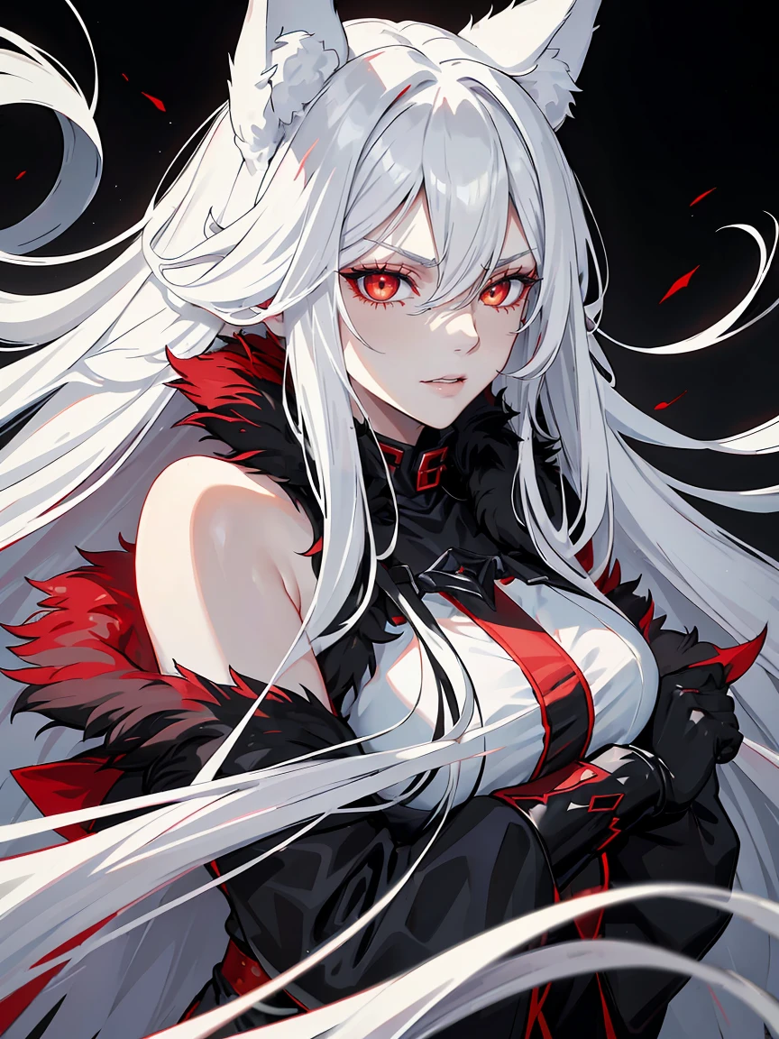Long white hair, red eyes, evil, sexy, black and red clothes, evil face, evil, serious look, gloss lips, sinister, front look, bloody, gloves, close up, portrait, beautiful eyes, big white, dark place, night, sensual, straight hair cut, clear skin, evil, young 30 years girl, adult girl, solo, red, very long hair, ankle length hair, handsome older WOMAN,red-eyes,red pupils,Long white hair,Hyperresolution,accuracy,Detailed rendering,(Image of fine hair)(topquality)(Masterpieces of masters)(High degree of completeness)(A sense of atmosphere)tmasterpiece,Super detailed and super detailed(((half-body portrait)))(((Fluffy wolf ears))) (((Wearing a white and black fur fighting outfit)))(((Stern expression)))(((Ankle length white hair)))(((crimson eyes)))