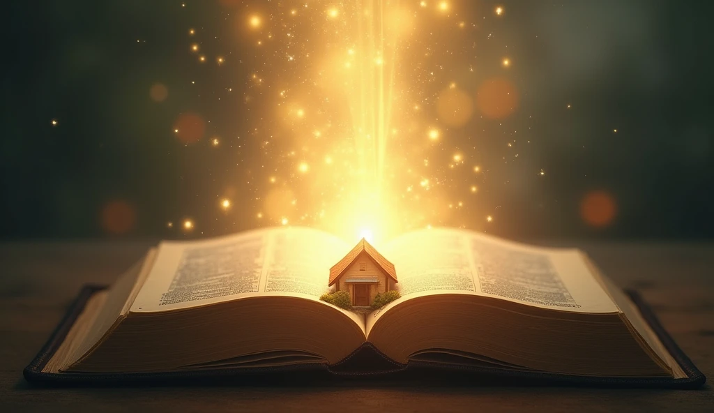 OPEN BIBLE OVER A HOUSE, WITH THE LIGHT OF THE BIBLE FALLING ON THE HOUSE, LIGHTING UP THE HOUSE, A LOT OF LIGHT ENTERING THE BILE AND LEAVING IT TOWARDS THE HOUSE, HOME PROTECTION...
