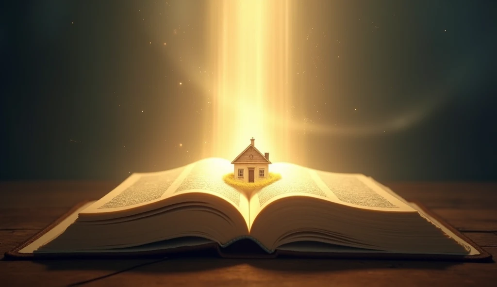 OPEN BIBLE OVER A HOUSE, WITH THE LIGHT OF THE BIBLE FALLING ON THE HOUSE, LIGHTING UP THE HOUSE, A LOT OF LIGHT ENTERING THE BILE AND LEAVING IT TOWARDS THE HOUSE, HOME PROTECTION...