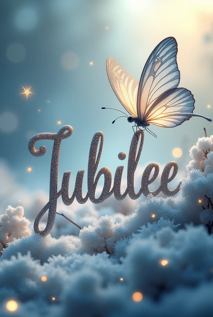 Design "Jubilee" name with butterfly, silver dust and stars.