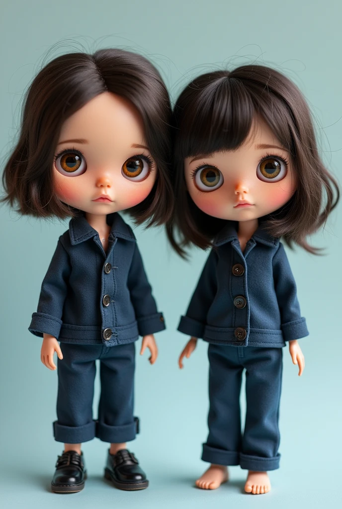 Create Blythe dolls with brown eyes, badly cut hair but shoulder-length with navy blue clothes