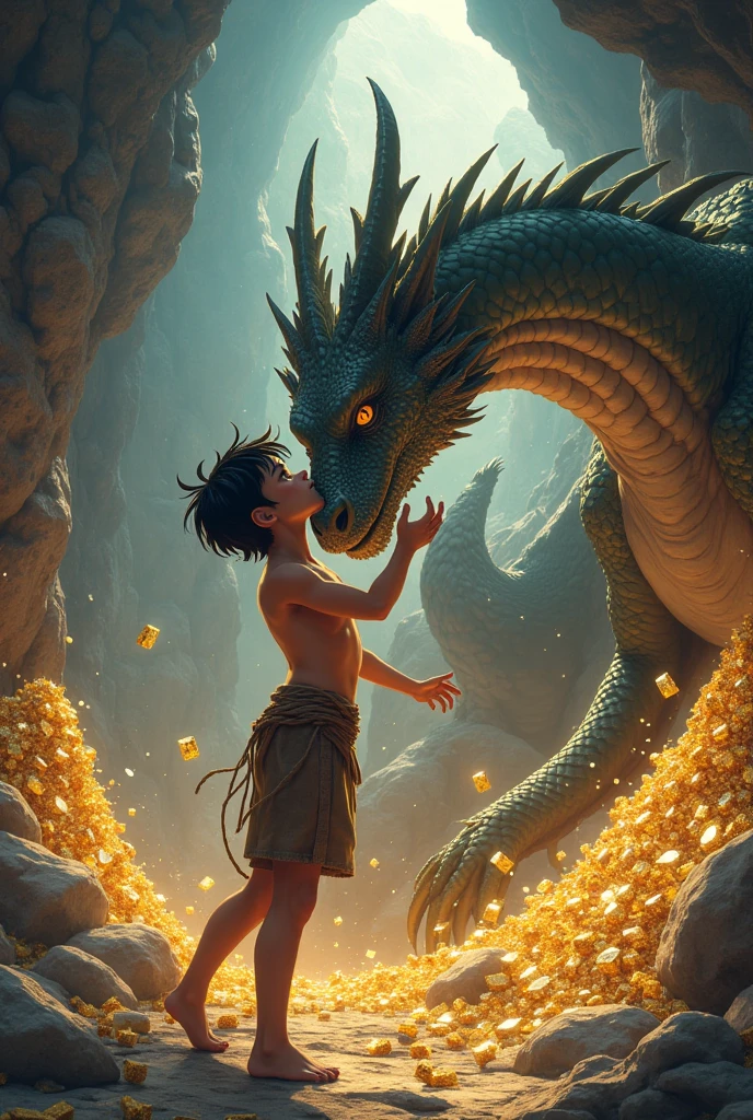 A boy he is just wearing a primitive loincloth he is kissing a dragon they are in the Treasure Cave the image has to be in anime