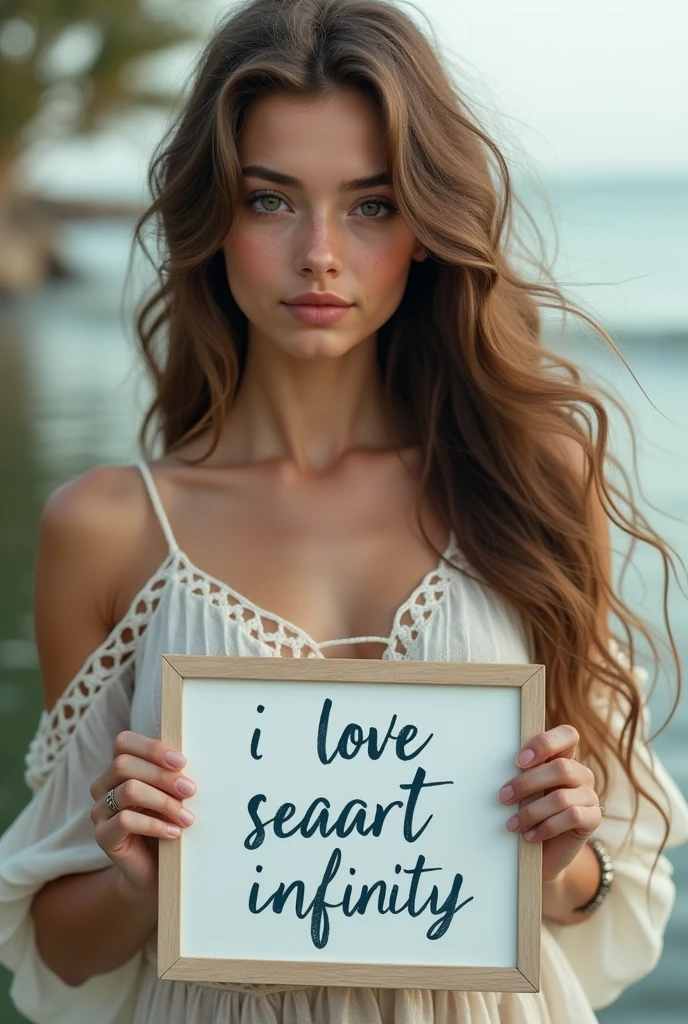 Beautiful girl with wavy long hair, bohemian dress, holding a white board with text "I Love Seaart Infinity" and showing it to the viewer