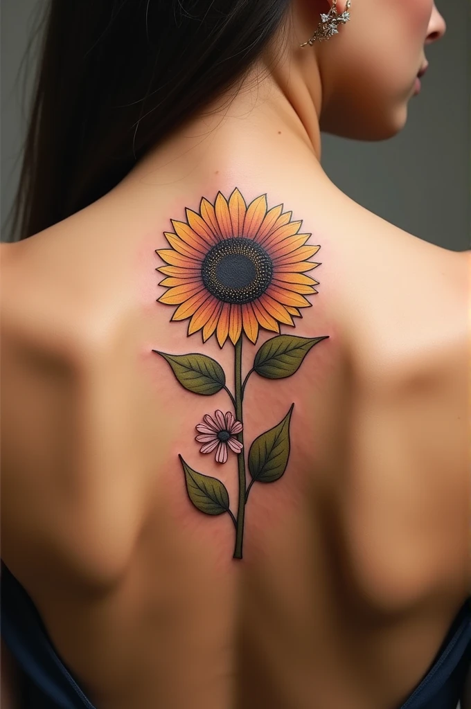 I need a tattoo on a woman's back that is a flower, a sunflower and it does not have a stem, instead of a stem it has the word written letter by letter "Emunah" reflecting that it is its stem, that it looks fine and that it looks elegant
