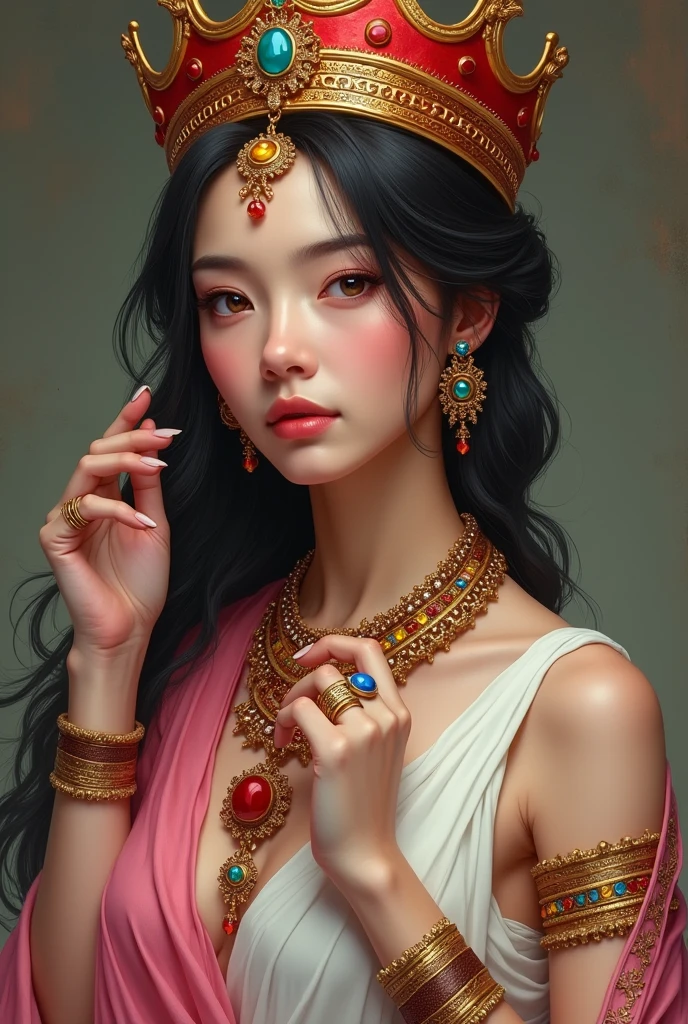 Woman with round face, olhos amendoados, skin fair, wearing a white dress and a pink scarf with a red crown on her head (similar to that of the kings of Israel), colorful boot, blue ring on left hand, brown bracelet on right arm, yellow bracelet on the left arm, green ring on right hand.