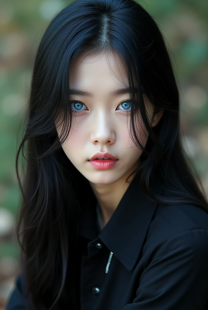 Korean blue eyes, with angelic face, long black hair, with rock style, photo from realia