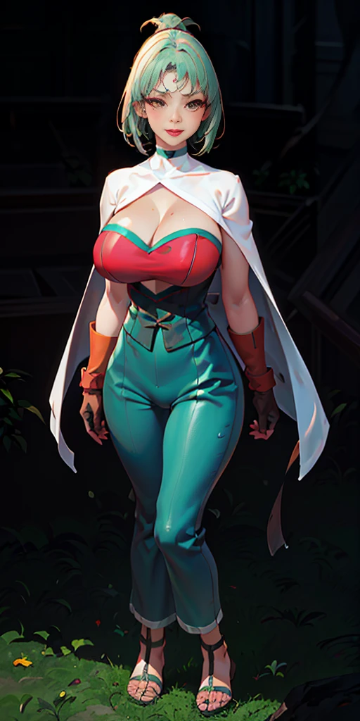 ((BLACK BACKGROUND,1:2, masterpiece)), full body MILF BIMBO standing with two long thighs and two metal sandals, red eyes, silver white hair, short bob style hair, big breasts, cleavage, snsfw, (masterpiece: 1.3), best quality: 1.4, 8k detailed unity wallpaper, high resolution, absurdities: 1.2, depth of field: 1.3, perfect lighting, cinematic shadows, highly detailed background, (super perfect head anatomy face fingers limbs arms hands legs), (super beautiful and detailed body of a wet woman, gigantic, long and sagging breasts, shiny hair, face, nose, shiny fingers, elongated eyes, skin proportion), slender: 1.5, narrow waist: 1.3, ownwaifu, long hair, white hair, big hair, curly hair, dark skin, dark skin woman, red lips, white eyes, very dark skin, lipstick, floating hair, very long hair, makeup, eyelashes, toned, jewelry, earrings, cape, bracelet, jumpsuit, gloves, superhero, choker, cool look, flying in the sky, high-tech city background, call a storm, tornado, thunder, raining, cinematic, beautiful figure, cowboy shot