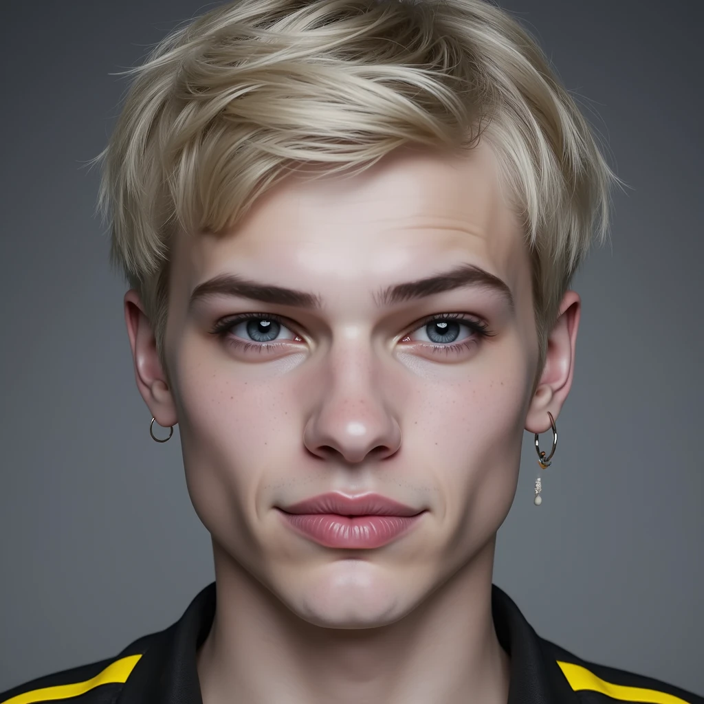 16k, extremely detailed skin, photograph head shot of an attractive 22 year-old male, Germanic-Icelandic features, short textured wavy platinum blond hair, side swept bangs, pale skin tone, raised eyebrow expression