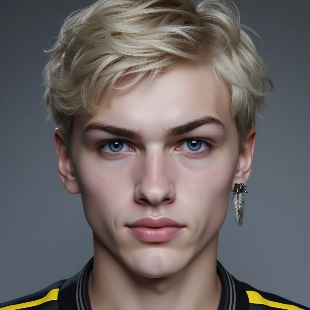 16k, extremely detailed skin, photograph head shot of an attractive 22 year-old male, Germanic-Icelandic features, short textured wavy platinum blond hair, side swept bangs, pale skin tone, raised eyebrow expression