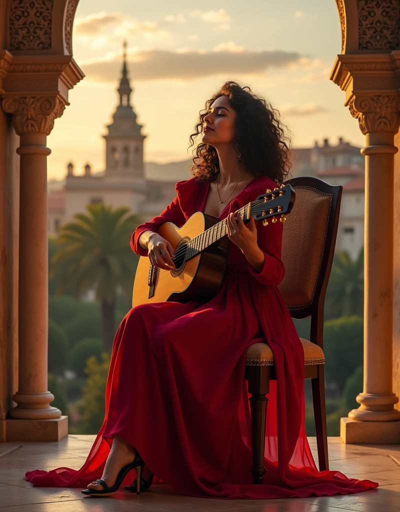 Sitting on chair, play of Memories of the Alhambra, sound of soul, eye closed, feeling up , A Spanish beautiful girl, cute girl ,wonderful girl, she is 18-age, (dark brown hair , brown eye, middle curl hair, little smile ), (tradition l Spanish red dress and skirt , hi-heal ),(classic guitar, 6 strings)full-body,  front Alhambra palace, sunset, little cloud into sunlight, (super detail, high details, high quality, accurate, anatomically correct, textured skin, beautiful fingers super detail, high details, high quality, best quality)