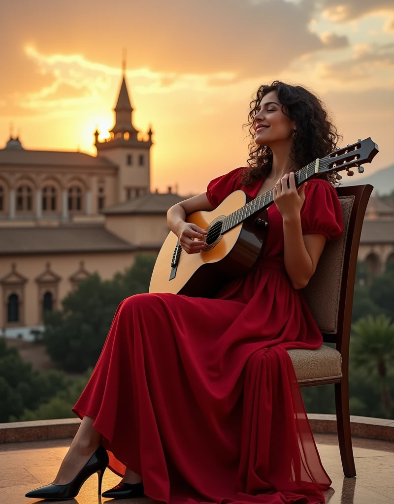 Sitting on chair, play of Memories of the Alhambra, sound of soul, eye closed, feeling up , A Spanish beautiful girl, cute girl ,wonderful girl, she is 18-age, (dark brown hair , brown eye, middle curl hair, little smile ), (tradition l Spanish red dress and skirt , hi-heal ),(classic guitar, 6 strings)full-body,  front Alhambra palace, sunset, little cloud into sunlight, (super detail, high details, high quality, accurate, anatomically correct, textured skin, beautiful fingers super detail, high details, high quality, best quality)