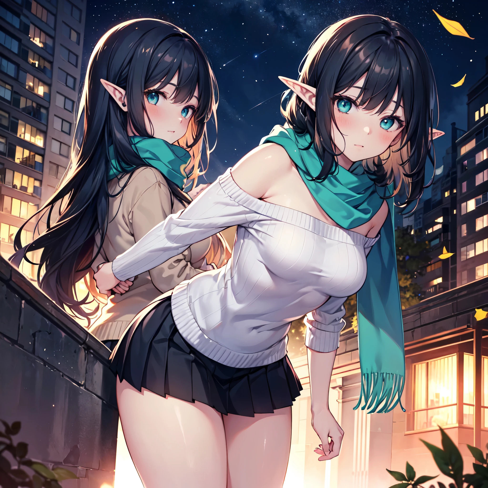 Realistic image, detailed and coherent image, 1 elf, turquoise eyes, black hair, very long hair, blushing, shy, She has a curvy body, medium breasts and thick thighs, She is wearing an off-shoulder sweater, with scarf, pleated mini skirt with embroidery, She is posing sensually, erotic, arching her back, leaves falling around, view from back, starry night, urban background, surrounded by buildings and people, soft focus, dramatic shadows, volumetric lighting, natural lighting, background of a park