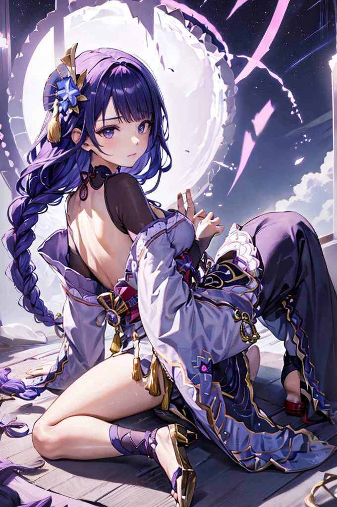 Cute Girls、Spread your legs、Butt、On all fours、panties、Buttを突き出す、look back、Dark purple kimono、Kneel、Low Angle、Braided long hair、Purple Hair、night、Buttを見せる