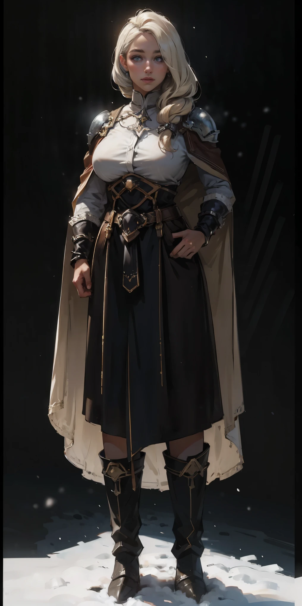 (masterpiece, best quality) (black background) full body standind straight symmetrical, FEMALE warrior princess, big belt around waist, hair, very white skin like snow, wearing full heavy armor red cape, brown leather boots, adventurer outfit, veteran warrior milf bimbo