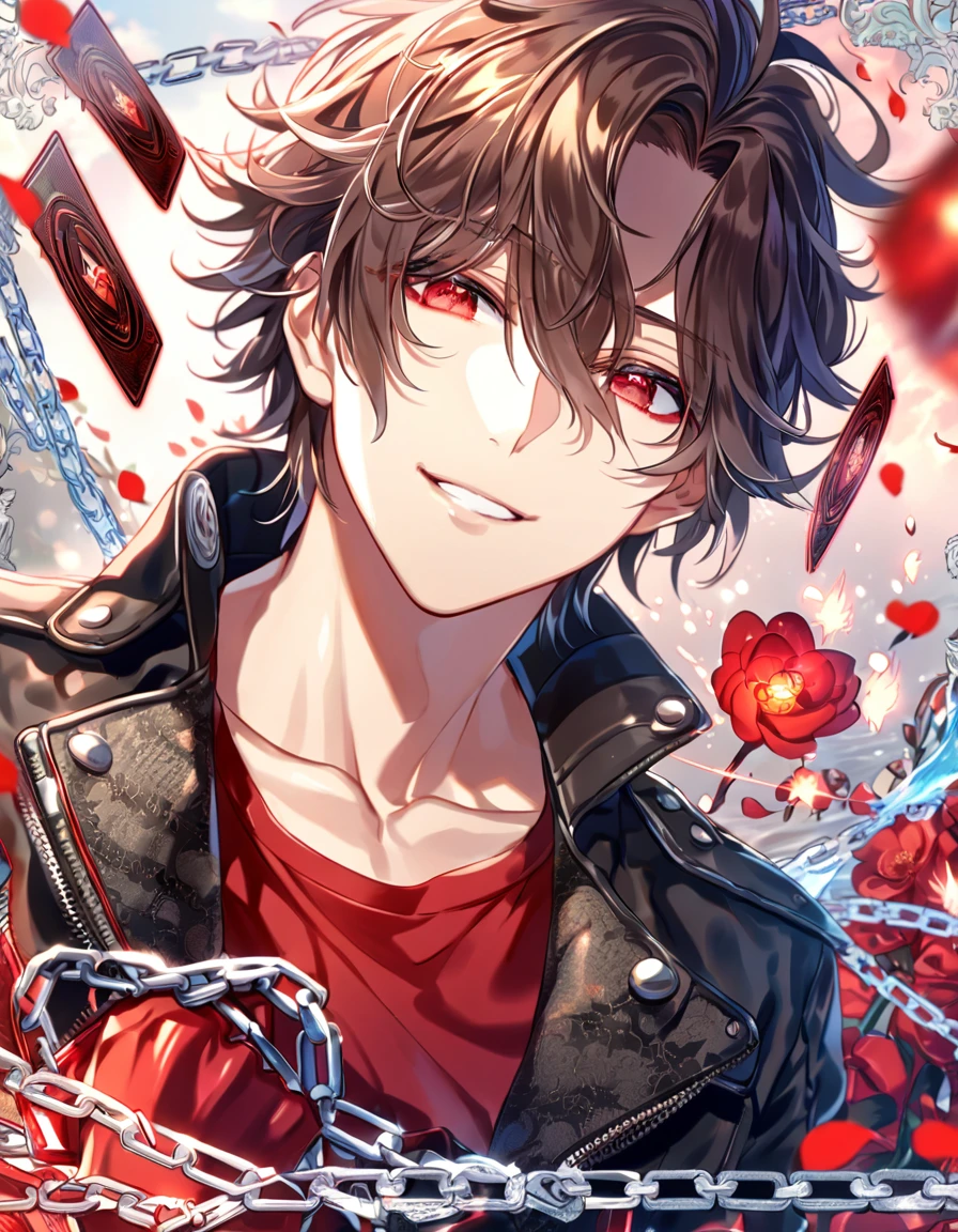 absurdres, highres, ultra detailed, HDR, master piece, Shin, dark brown hair, messy hair, red streaks, expressive red eyes, cropped black leather jacket, Amnesia Memories, sexy man, handsome, best quality, red blossoms, red petals, red flowers, fantasy, magical, red shining fireflies, solo, water, red shirt with black patterns, red gloves, red collar, heart of cards, chains, handsome smile, 