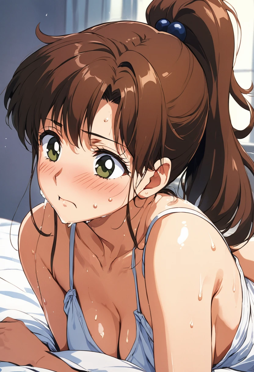 masterpiece, Highest quality, High resolution, (Makoto Kino),1990s \(style\),height: 175cm, Brown long hair,ponytail、 sexyな長い脚, Oversized camisole,No bra,Shorts, Bedroom,(E-cup beautiful breasts)、Sweating all over the body、Muscular、(sexy)、(Face writhing in pleasure)、Sweaty、Configuration from the front、Shyness、blush、(Shy)、look up,Anime-style painting style,Composition focusing on the upper body、Face down