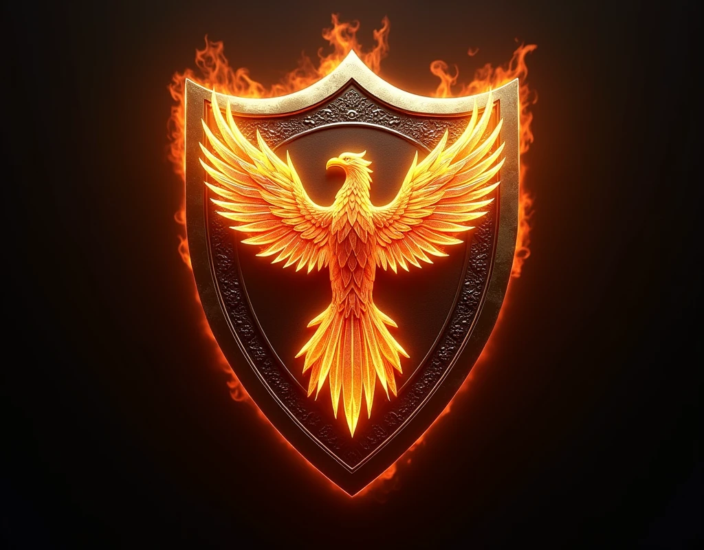 Football shield with a phoenix in the middle and fire around it