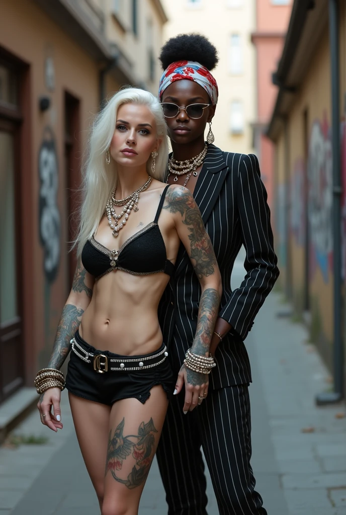 Two russian old milf women: the dominant aggressive dark skinned black woman in business pinstripe suit (jacket and trousers), black heeled shoes long ,nails and afro hair, standing up with separated legs and possessive stance showing off her new white girlfriend to the camera and groping her. Next to her, her white rich drunk girlfriend looks at the camera (white woman is very pale: pale face, pale neck, pale chest, pale arms, pale hands, pale stomach, pale leg), white woman stretches her neck and looks at the camera. White woman leans on her girlfriend . White woman stands up with separated legs. White woman wears low rise back sequins mini skirt and black silk stockings, platinum blonde hair (pouf, top bun, saved sides, wide colourful bandana as headband) and oversized square sunglasses as headband. Big lips with no makeup. White woman Black studded leather push up bra. Barefoot.. white woman wears a Lot of thick metallic bracelets in the wrists and big pearl necklaces around the neck. White woman wears Wide loose studded belt with big solid buckle. Loose chains around the hips of the white woman. White woman is leaning back on her girlfriend.. The white woman is densely tattooed on neck, tattoed chest, tattoed stomach, tattoed legs, wrists and feet. White woman has well Toned abdominals, thin neck, slim legs and thin arms. White woman has Narrow hips and noticeable tigh gap. The body of the white woman is twisted in a lazy pose . On a narrow street with graffitied walls .